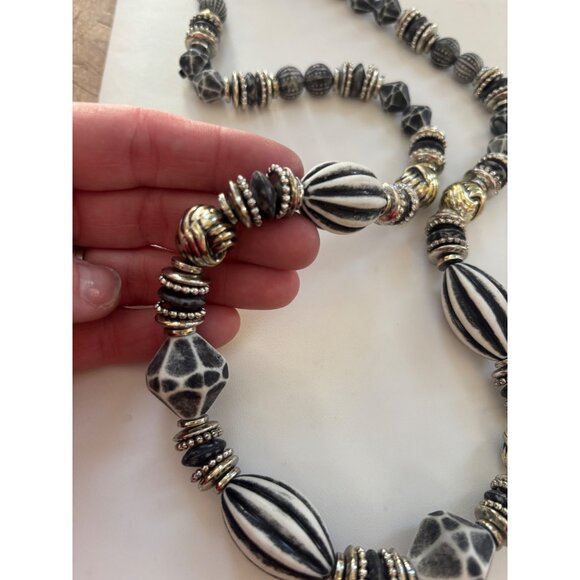 Handcrafted Black & White Beaded Necklace With Gold Accents - 28" Long - Picture 4 of 7